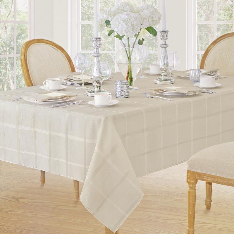 Newbridge 60 x 144 Inch Rectangle Fabric Tablecloth, Elegance Plaid, 100% Polyester, No Iron Soil Resistant Dining Room, Party and Banquet Table Cover, Solid Textured, Beige - Image 1